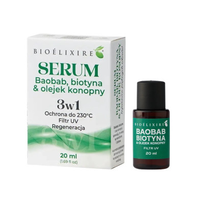 BIOELIXIRE Serum silikonowe z olejkiem z baobabu, biotyną, olejkiem konopnym i filtrami UV - 20 ml