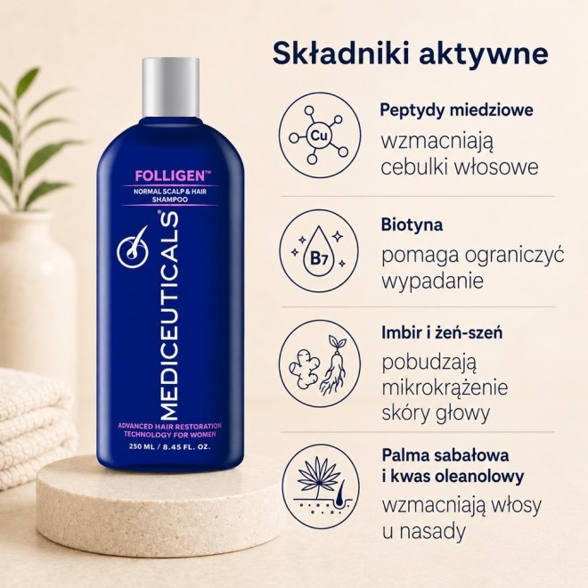 MEDICEUTICALS Folligen Szampon dla kobiet przeciw wypadaniu i przerzedzaniu włosów  - 250 ml