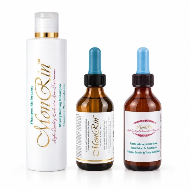 MONRIN Zestaw do przetłuszczających się włosów i skóry głowy (Ekstrakt + Peeling +Szampon)